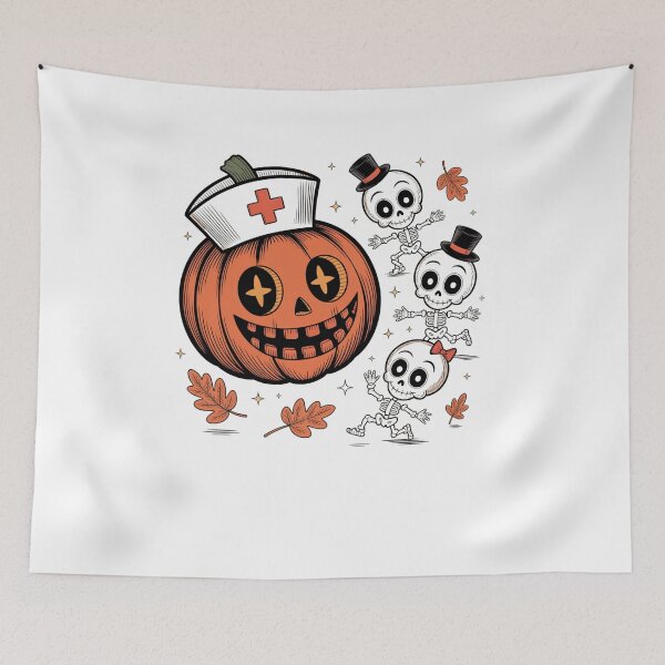 Item preview, halloween pumpkin skeleton nurse and candy corn cute cartoon designed and sold by DariaOltes.