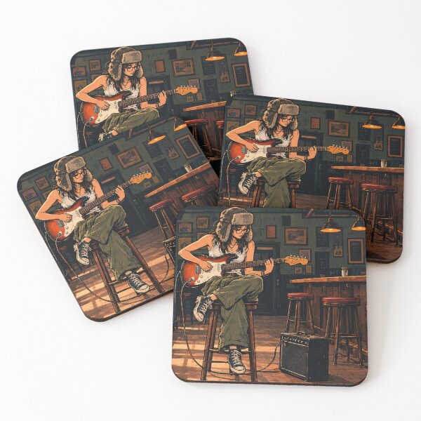 Item preview, Girl Playing Electric Guitar in Vintage Pub - Indie Rock Art designed and sold by VYBEHAUS.