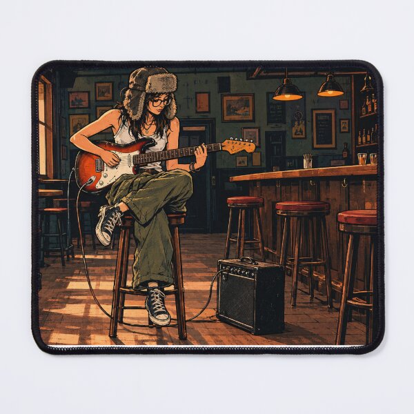 Item preview, Girl Playing Electric Guitar in Vintage Pub - Indie Rock Art designed and sold by VYBEHAUS.