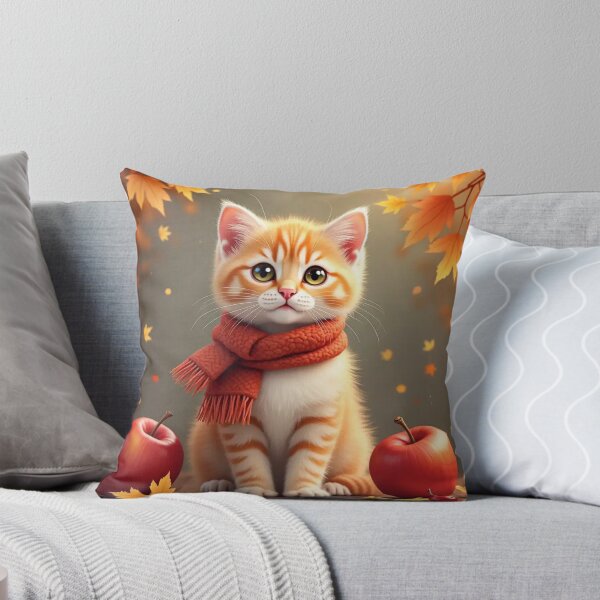 Item preview, Orange & White Kitten Autumn Leaves Red Apples Cozy Fall Pillow designed and sold by PrincessJStudio.