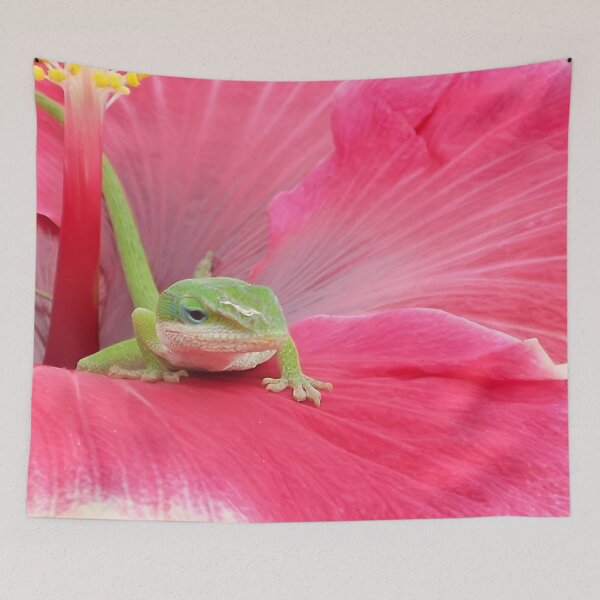 Item preview, Cute Green Lizard on a Pink Hibiscus Flower Nature Photography designed and sold by CoastalEmp.