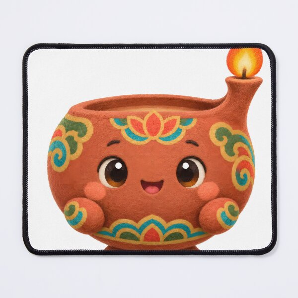 Item preview, Cute Mascot Shaped Like a Small Clay Oil Lamp (Deungjan) With a Shallow Round Dish Body, a Thin Wick Spout, and a Tiny Flickering Flame on Top — Marker-style Digital Illustration designed and sold by radou88.
