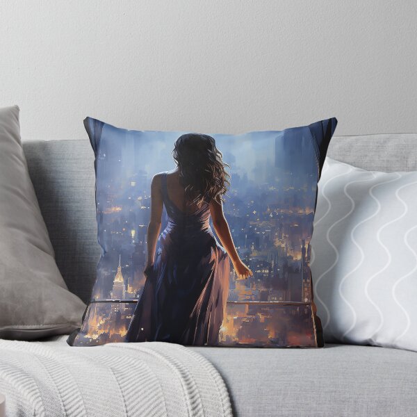 Item preview, Moonlit Muse - A Woman Staring Out Of A Window At A Moonlit City Below - Contemporary Art - Watercolor Art designed and sold by CastleBySea.