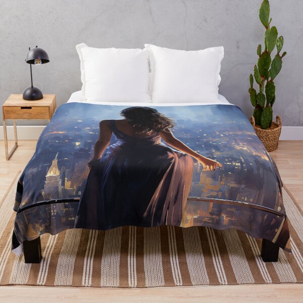 Item preview, Moonlit Muse - A Woman Staring Out Of A Window At A Moonlit City Below - Contemporary Art - Watercolor Art designed and sold by CastleBySea.