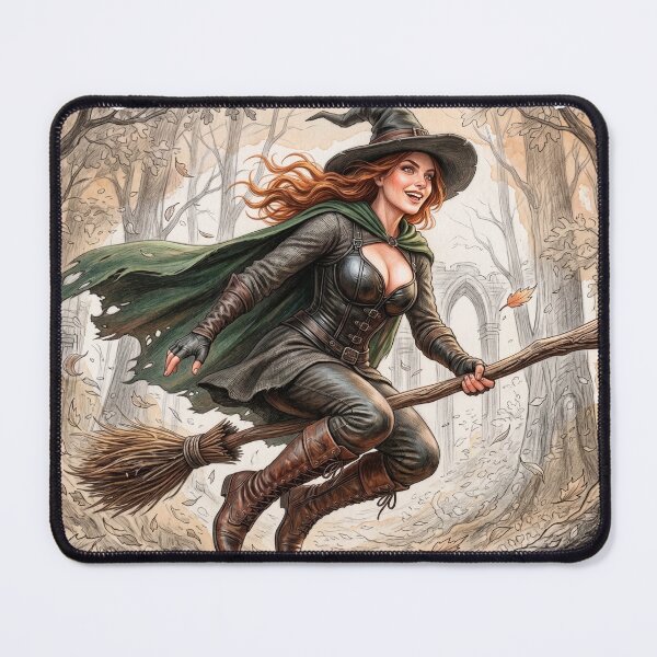 Item preview, Vintage Sketch Woodland Witch Flying on Broomstick – Watercolor Fantasy Art designed and sold by VALKYRAART53.