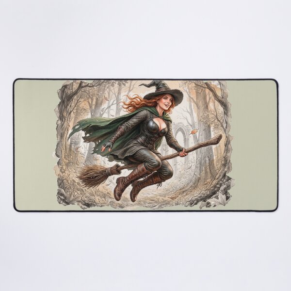 Item preview, Vintage Sketch Woodland Witch Flying on Broomstick – Watercolor Fantasy Art designed and sold by VALKYRAART53.