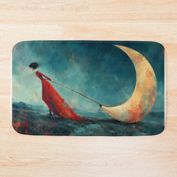 Item preview, Surreal Feminist Artwork — Woman in Flowing Red Dress Pulling a Giant Golden Moon Across the Landscape Poster designed and sold by UrbanTempleArt.