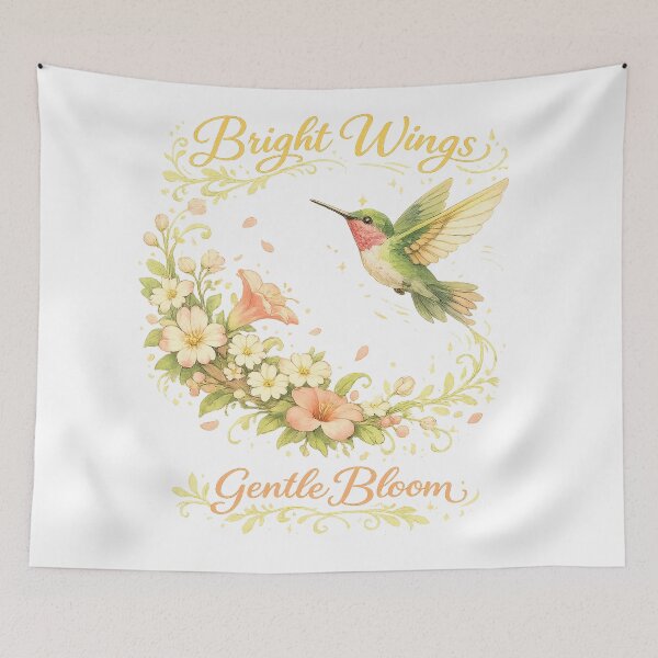 Item preview, Bright Wings Gentle Bloom Hummingbird Floral Cottagecore Nature Art designed and sold by inkoutninja.