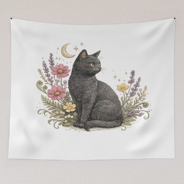 Item preview, Black Cat Crescent Moon Floral Celestial Cottagecore Witchy Art Design designed and sold by inkoutninja.