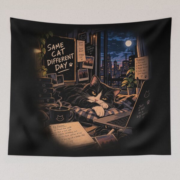 Item preview, Same Cat Different Day - Cozy Night Sky Lo-Fi Tuxedo Cat designed and sold by GenZFashion000.