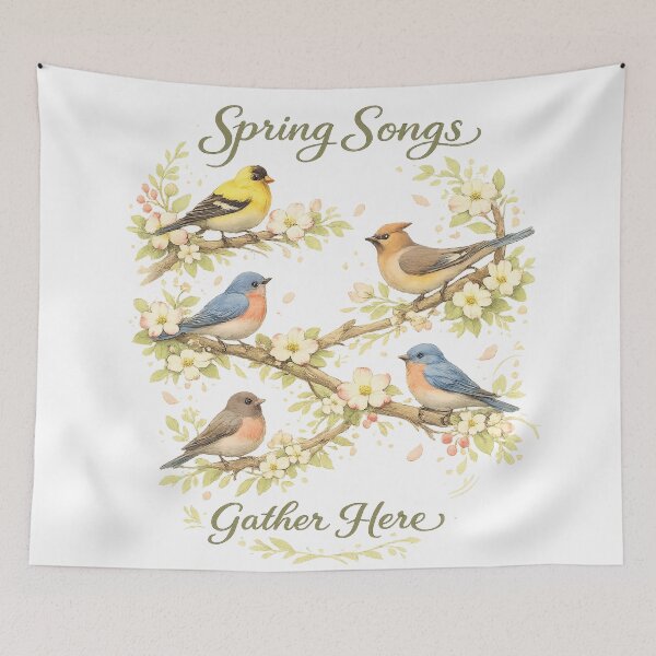 Item preview, Spring Songs Gather Here Songbirds Floral Cottagecore Nature Art  designed and sold by inkoutninja.