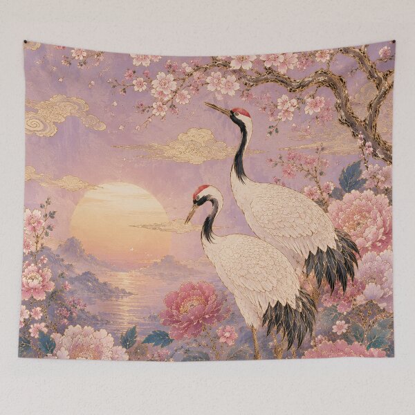 Item preview, Ornate Cranes Among Blossoms at Sunrise designed and sold by atanasiaslivert.
