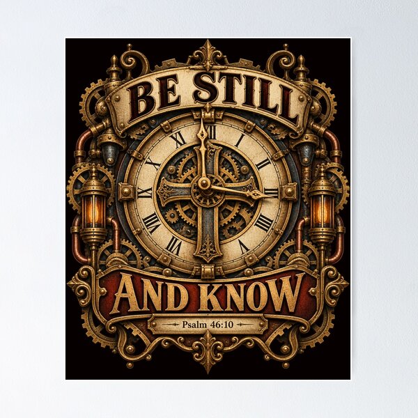 Item preview, Be Still and Know I am God, Psalm 46:10, Christian steampunk style designed and sold by TheBibleStop.