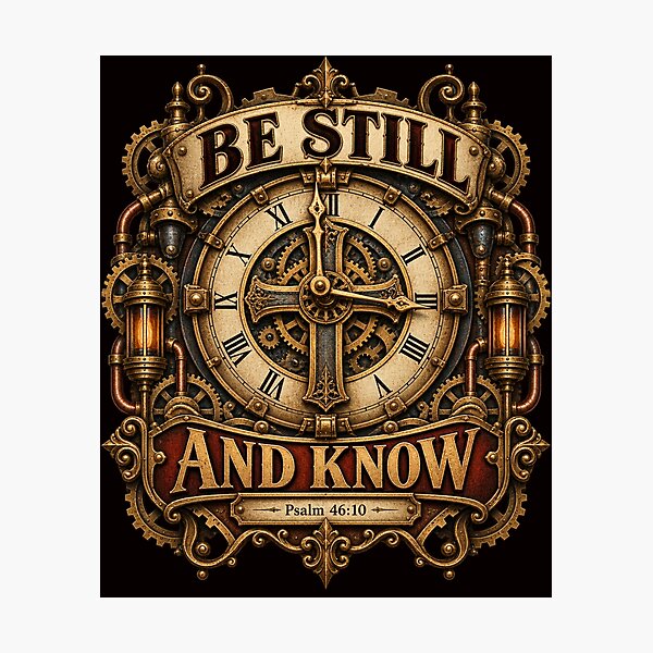 Item preview, Be Still and Know I am God, Psalm 46:10, Christian steampunk style designed and sold by TheBibleStop.