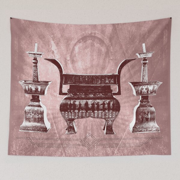 Item preview, Antique Chinese Bronze Altar Set Censer Candlesticks in Red designed and sold by Ghoul Enterprises.