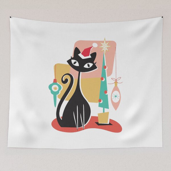 Item preview, Retro Christmas Cat with Santa Hat and Tree designed and sold by JOANDOORNE.
