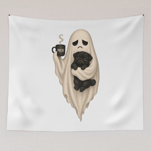 Item preview, Cute Ghost Holding Black Pug Dog Coffee Meh Halloween designed and sold by Flamurh1.