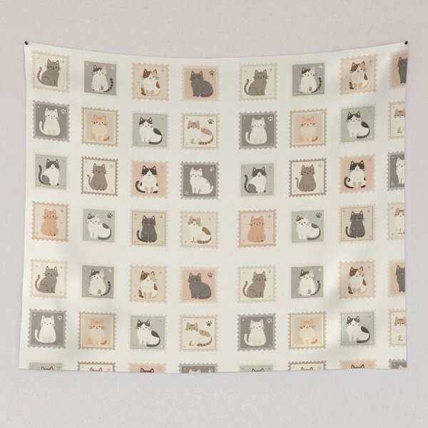 Item preview, Cute Vintage Cat Postage Stamp Grid Pattern designed and sold by FestivityFinds.