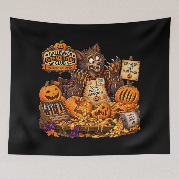 Item preview, ⚡HALLOWEEN OVERACHIEVERS CLUB -  Wally Werewolf’s Pumpkin Carving Catastrophe - dark version designed and sold by WheelieGdArt.