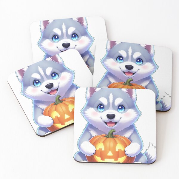 Item preview, Cute Siberian Husky Puppy Hugging Glowing Jack-o'-Lantern Pumpkin designed and sold by pumsquare.
