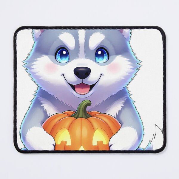 Item preview, Cute Siberian Husky Puppy Hugging Glowing Jack-o'-Lantern Pumpkin designed and sold by pumsquare.