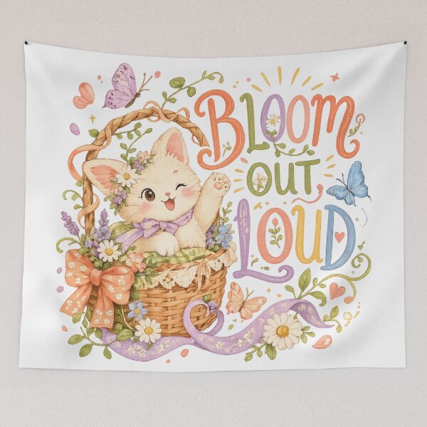 Item preview, Bloom Out Loud Cute Kitten Floral Basket Spring Cottagecore Art Design designed and sold by inkoutninja.