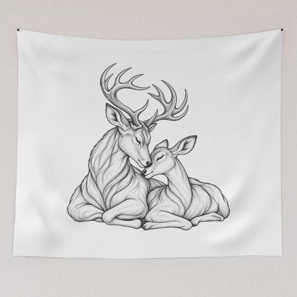 Item preview, Majestic Deer and Fawn Black and White Sketch designed and sold by Nicha Studio.