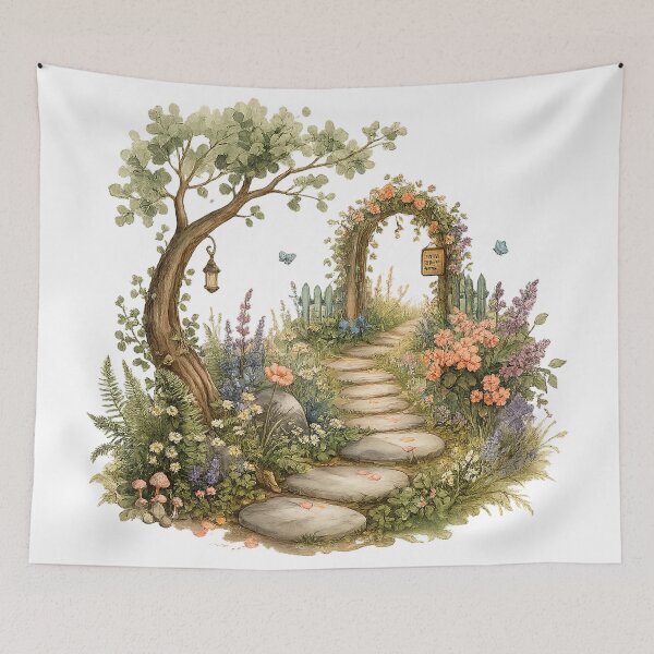 Item preview, Secret Garden Path Cottagecore Floral Archway Enchanted Woodland Art designed and sold by inkoutninja.