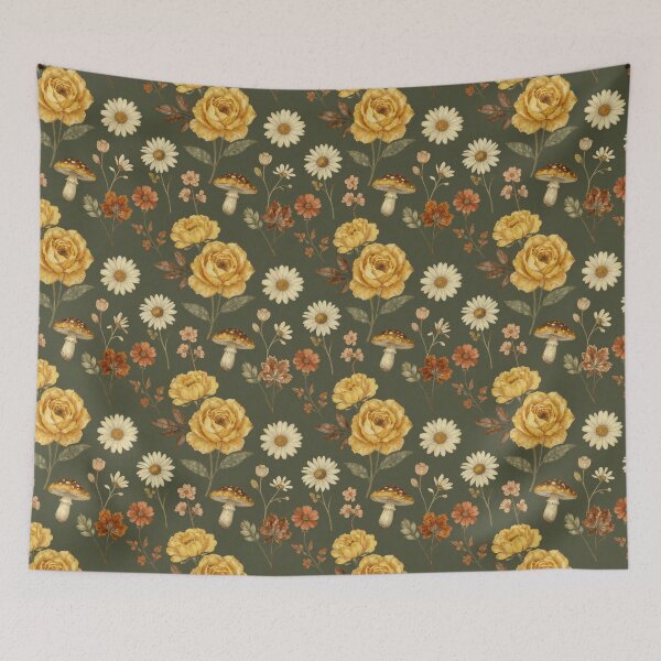 Item preview, Vintage Olive Green Floral Mushroom Seamless Pattern designed and sold by FestivityFinds.