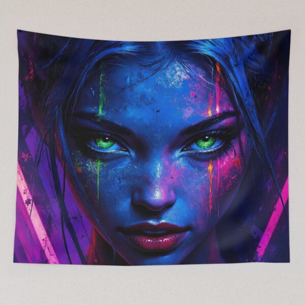 Item preview, Neon Cyberpunk Goddess Portrait - Green Eyes & Electric Paint Drips Art designed and sold by UniqueDesign751.
