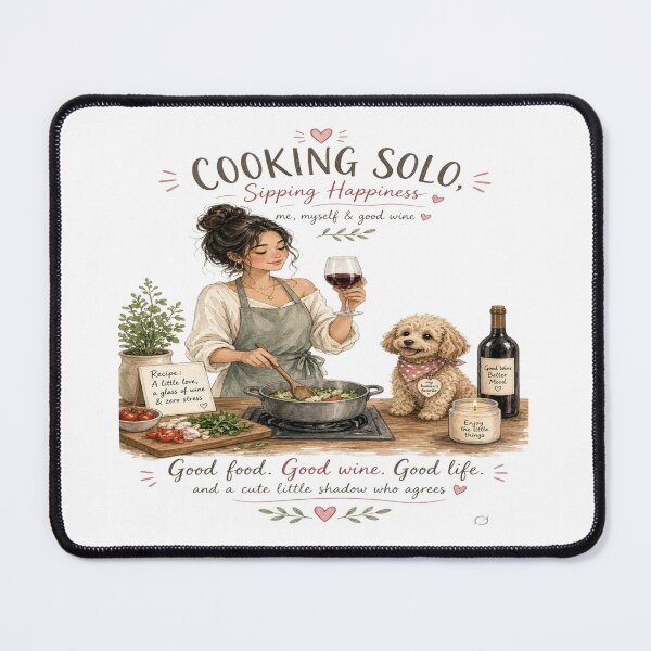 Item preview, Cooking Solo Sipping Happiness - Cute Dog Wine & Kitchen Aesthetic T-Shirt    designed and sold by Sushikidsntoddlers.