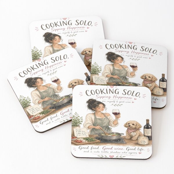Artikelvorschau, Cooking Solo Sipping Happiness - Cute Dog Wine & Kitchen Aesthetic T-Shirt entworfen und verkauft von Sushikidsntoddlers.