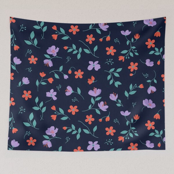 Item preview, Midnight Blue Floral Pattern with Coral and Lavender Flowers designed and sold by NatArtSA.