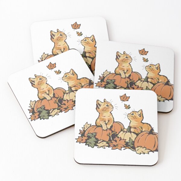Item preview, Two Orange Tabby Kittens with Autumn Pumpkins and Falling Leaves Illustration designed and sold by CreativeNest Prints.