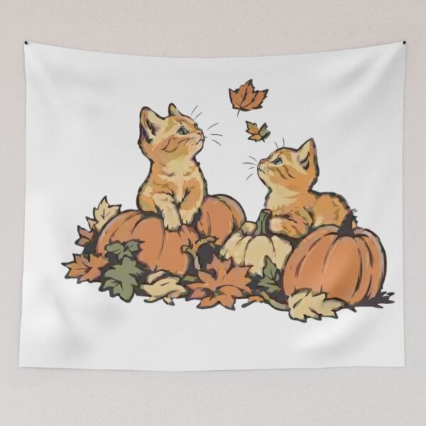 Item preview, Two Orange Tabby Kittens with Autumn Pumpkins and Falling Leaves Illustration designed and sold by CreativeNest Prints.