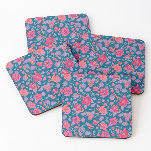 Item preview, Teal Floral Pattern with Pink Flowers and Lavender Leaves designed and sold by NatArtSA.