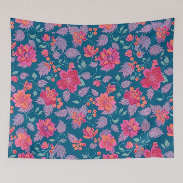 Item preview, Teal Floral Pattern with Pink Flowers and Lavender Leaves designed and sold by NatArtSA.