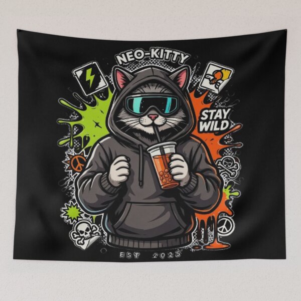 Item preview, Neo Kitty Cyberpunk Cat Boba Tea Streetwear designed and sold by PoleksGraphics.