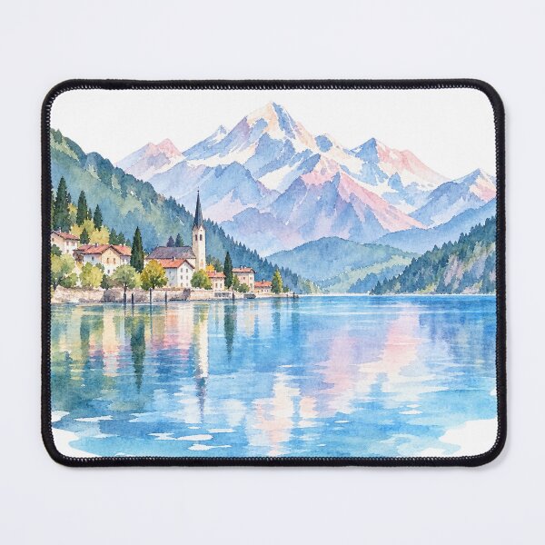 Item preview, Alpine town by a mountain lake Watercolor designed and sold by LongIslandDesgn.