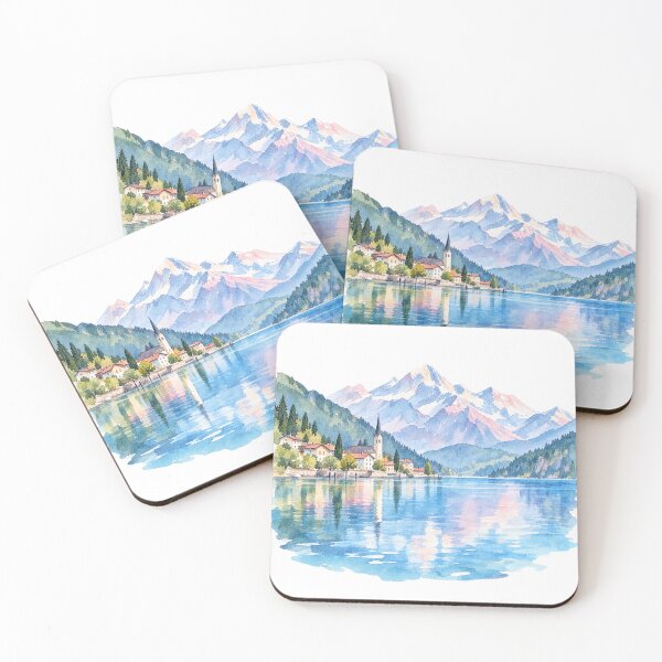 Item preview, Alpine town by a mountain lake Watercolor designed and sold by LongIslandDesgn.