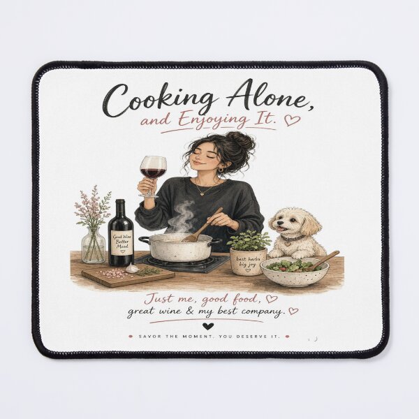 Artikelvorschau, Cooking Alone and Enjoying It - Cozy Wine & Cute Dog Kitchen Aesthetic T-Shirt entworfen und verkauft von Sushikidsntoddlers.