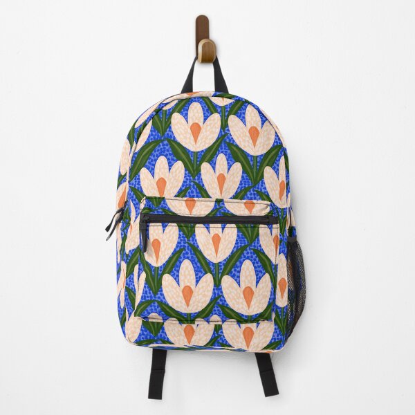 Item preview, Vibrant Retro Floral Pattern with Cream Crocus Flowers and Blue Background designed and sold by Emily Waters.