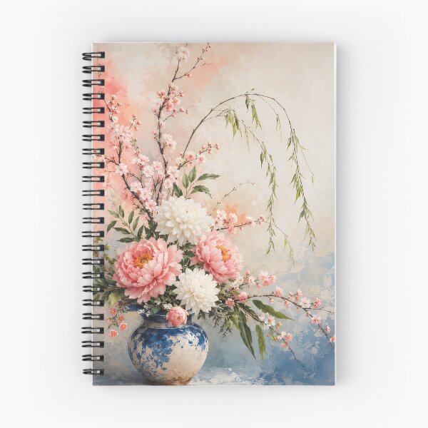 Item preview, Elegant Peach Blossom & Peony Ikebana Floral Arrangement – Vintage Blue Vase, Peach Pink Blossom Peonies designed and sold by AzsjaysStudio.