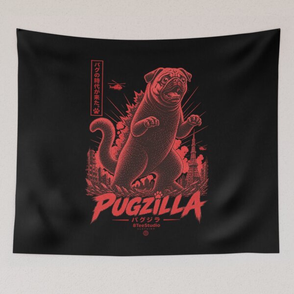 Item preview, Giant Pug Kaiju Japanese Retro Monster Art designed and sold by ElizBurkes.