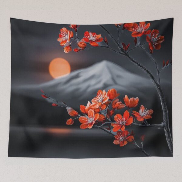 Item preview, Red Sakura Blossoms Mount Fuji Full Moon Night designed and sold by LYAN-STORE.