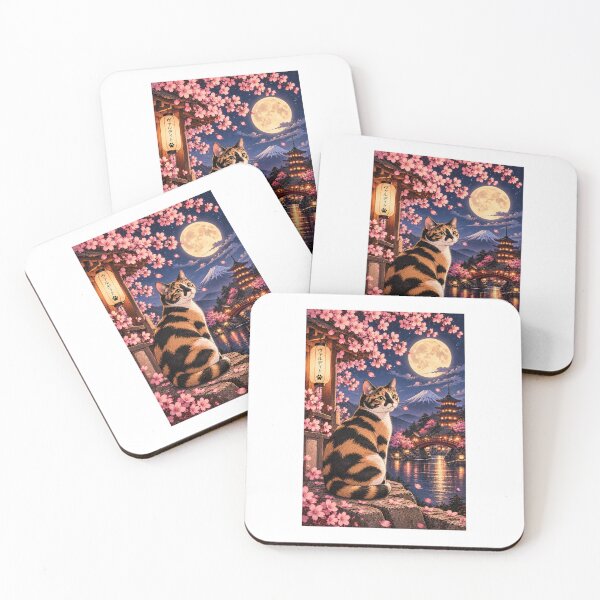 Item preview, House of Vardit - Calico Cat Under the Sakura Moon designed and sold by House of Vardit.