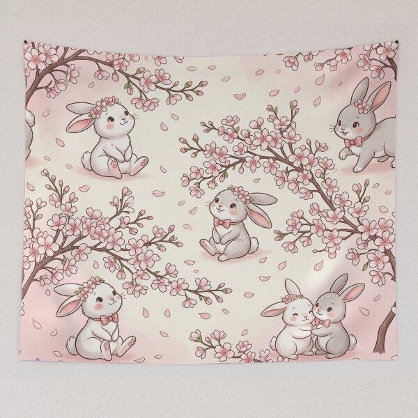 Item preview, Cute Bunny Cherry Blossom Seamless Pattern designed and sold by ShivCraftStudio.