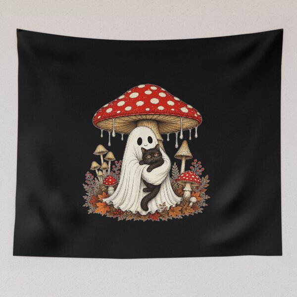 Item preview, Halloween Mushroom Ghost Black Cat Autumn  designed and sold by ObukiLantara.