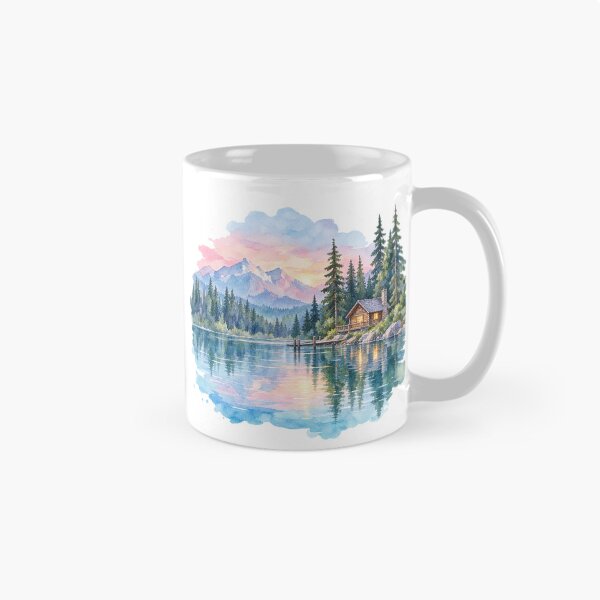 Item preview, Romantic log cabin by a mountain lake, watercolor designed and sold by LongIslandDesgn.