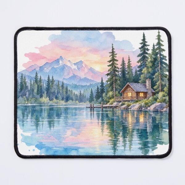 Item preview, Romantic log cabin by a mountain lake, watercolor designed and sold by LongIslandDesgn.
